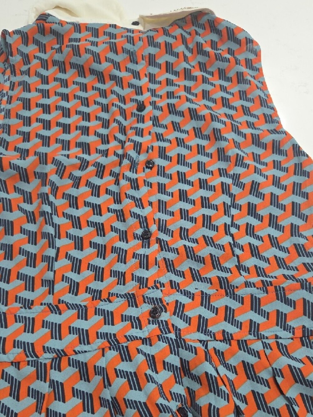 Geo-Print Sleeveless Mini Dress with Contrast Peter Pan Collar - Rust & Blue SzM - Picture 11 of 11